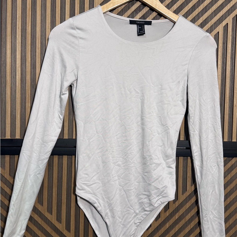 Forever 21 Cream Long-Sleeve Scoop Neck Bodysuit